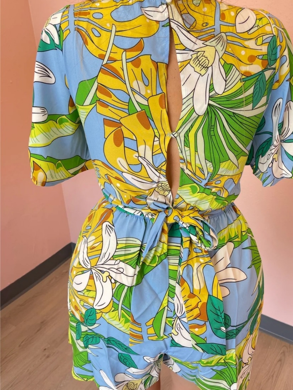 Tropical Print Blue & Yellow V-Neck Women's Romper - Picture 2 of 5